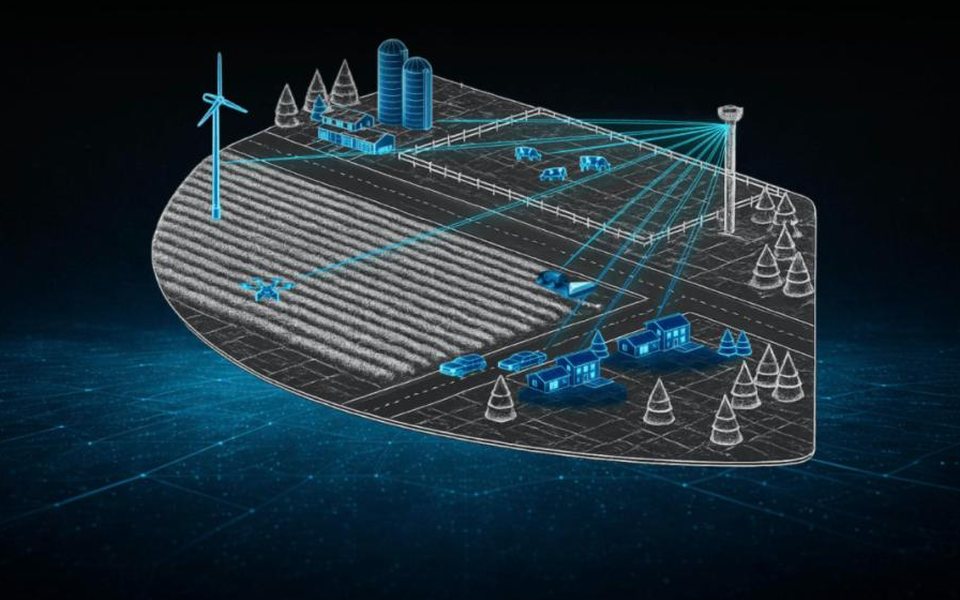 Skylark Wireless illustration of one tower beaming connections to homes, farm equipment, and vehicles across a rural area
